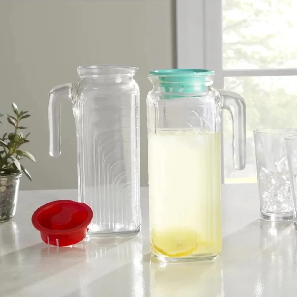 Bormioli Rocco Gelo 2 1L 34 oz Glass Pitcher Set with Red and Teal Lids
